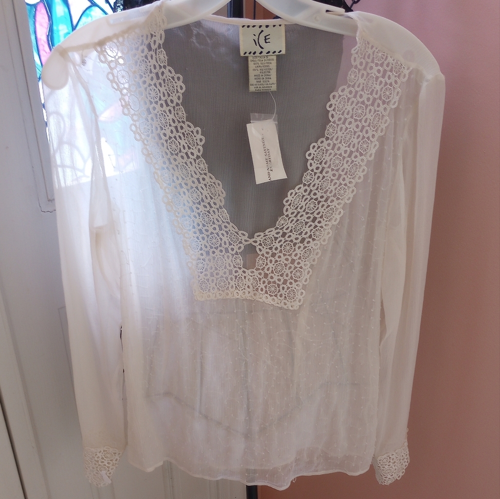 ❌❌SOLD❌❌Sheer Off White Silk Blouse with Bead And Lace